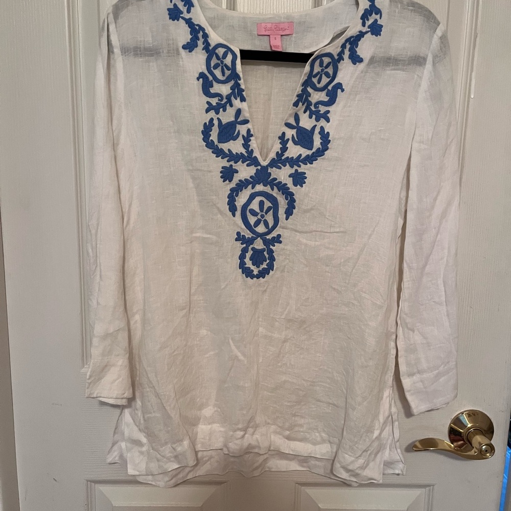 White and Blue Embroidered Women's Top